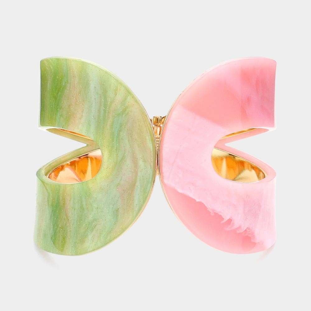 Pink and Green Resin Glittered Chunky Cuff Bracelet Bangle Bold Hinged Statement